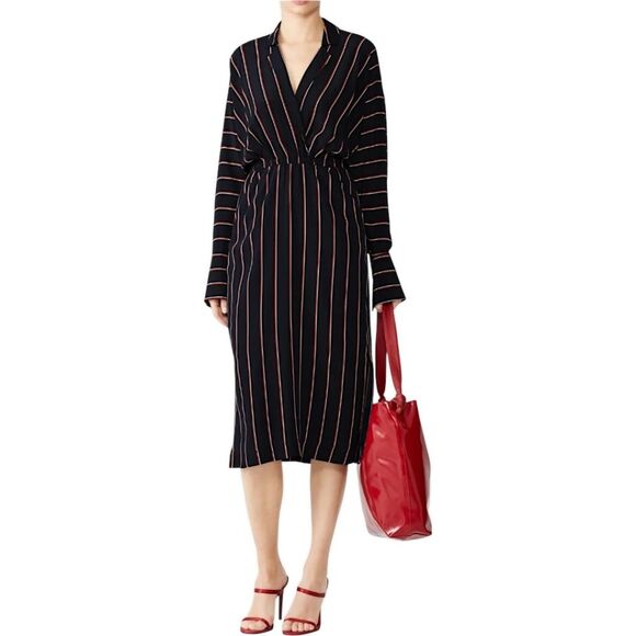 A.L.C. 'Nico' Surplice Long Sleeve Striped Silk Dress, Size 4, Black/White/Brown - Picture 1 of 9